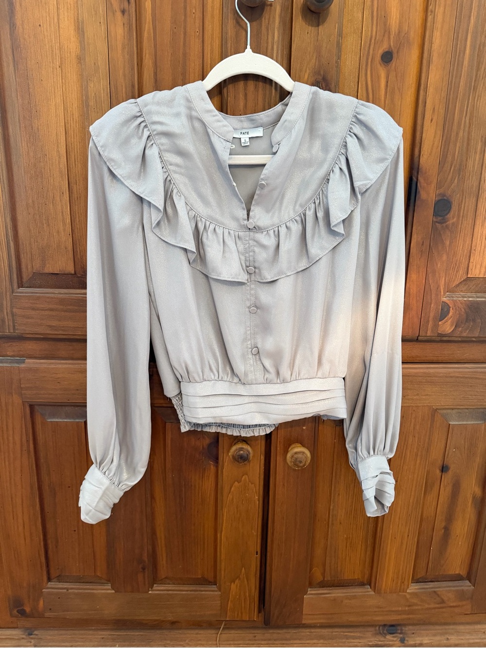 Fate Light Gray shimmer Ruffle-Trim Button Blouse